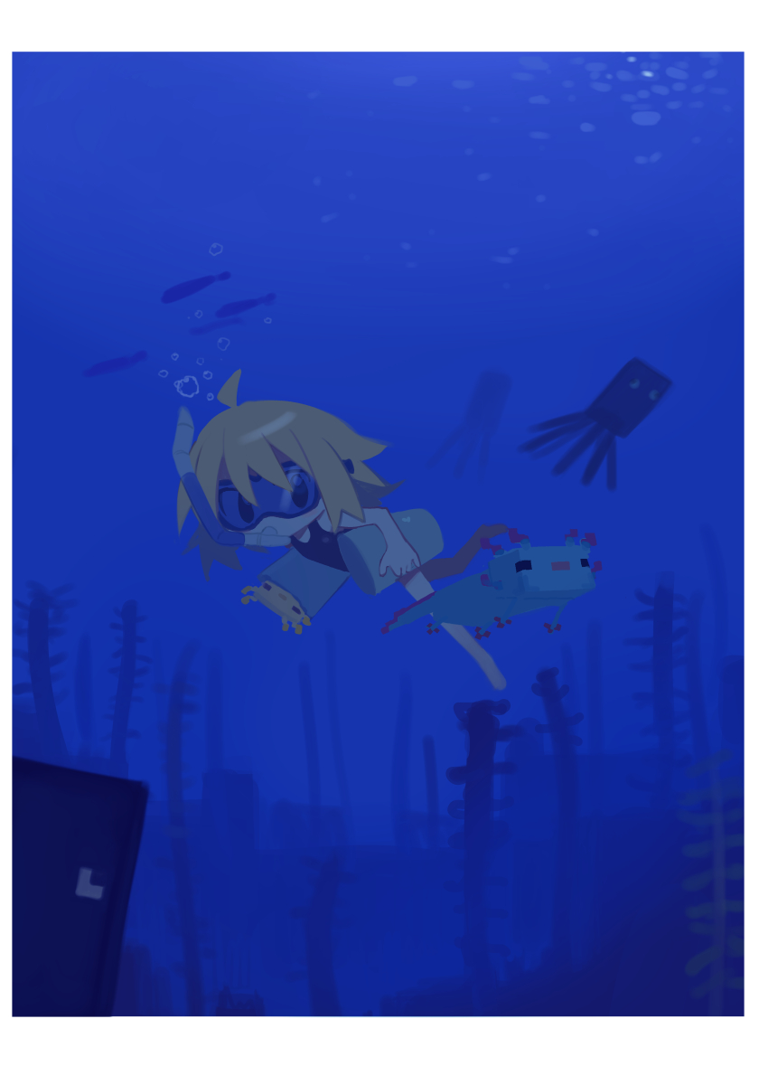 1girl ahoge air_bubble animal axolotl_(minecraft) bangs black_eyes blonde_hair blush border bubble bucket carrying carrying_under_arm cube fish full_body goggles highres holding holding_animal holding_bucket kokaki_mumose looking_at_another looking_to_the_side minecraft null-meta parody school_swimsuit seaweed short_hair silhouette snorkel snorkel_in_mouth solo squid_(minecraft) swimming swimsuit underwater uozumi_kurumi white_border