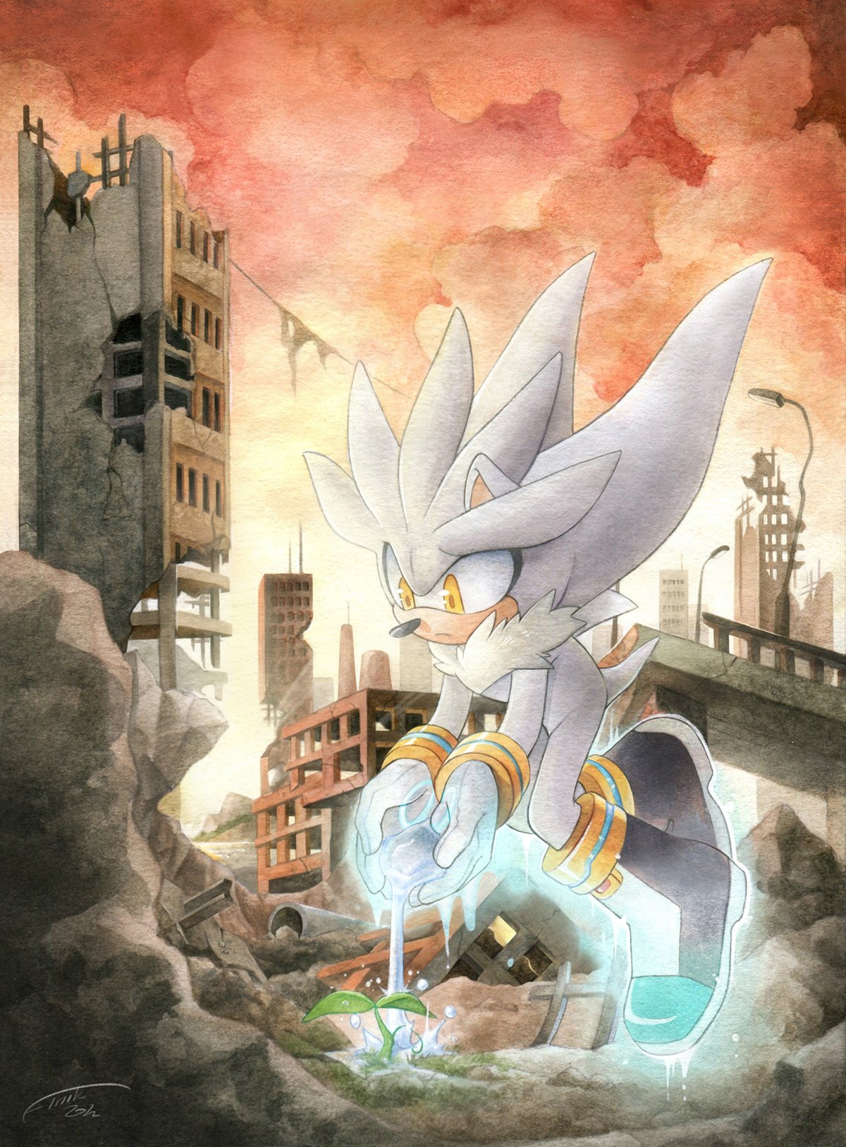 2022 anthro biped chest_tuft city city_background clothing destroyed_building destroyed_city eulipotyphlan finikart floating footwear fur gloves glowing grey_body grey_fur handwear hedgehog hi_res levitation male mammal plant rubble ruins sad sega shoes signature silver_the_hedgehog sky solo sonic_the_hedgehog_(series) street_lamp traditional_media_(artwork) tuft water watering white_clothing white_gloves white_handwear yellow_eyes