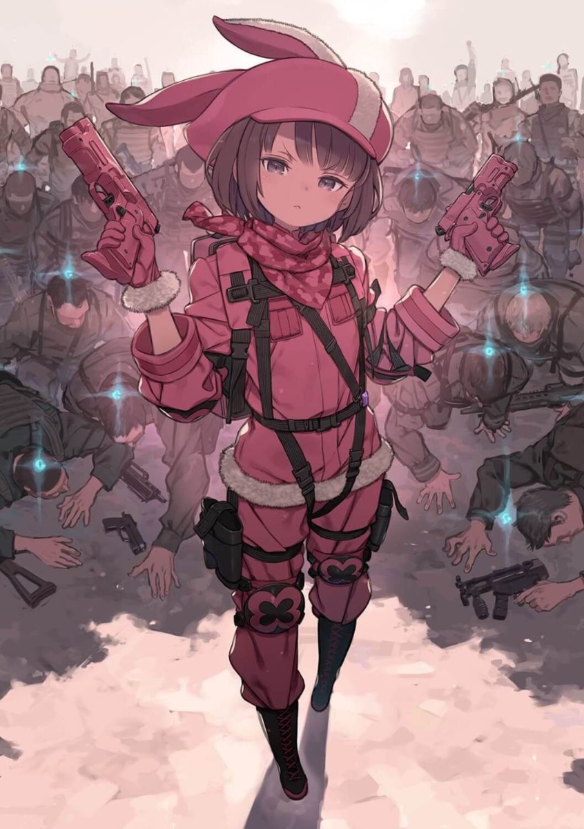 1girl animal_hat bangs boots brown_hair bunny_hat cross-laced_footwear full_body gloves gun handgun hat highres knee_pads kuroboshi_kouhaku llenn_(sao) looking_at_viewer official_art pink_headwear short_hair solo_focus sword_art_online sword_art_online_alternative:_gun_gale_online weapon