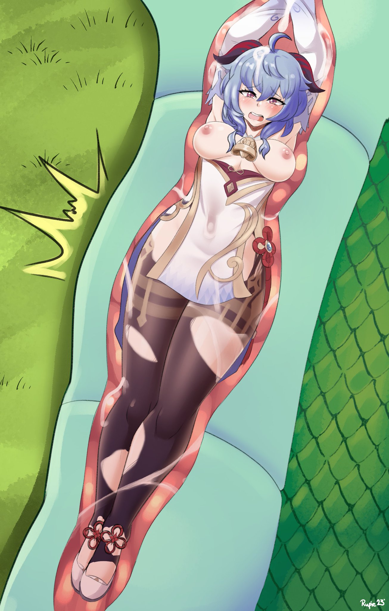 ahoge ambiguous_gender ambiguous_pred animal_humanoid big_breasts blue_hair blush bodily_fluids bovid bovid_humanoid breasts caprine caprine_humanoid digital_media_(artwork) duo female female_prey feral feral_pred ganyu_(genshin_impact) genshin_impact goat_humanoid grass hair hi_res horn horned_humanoid huge_breasts humanoid light_body light_skin mammal mammal_humanoid melting_clothes mihoyo navel oral_vore pink_eyes plant reptile rupie_(artist) saliva scalie snake soft_vore thick_thighs vore