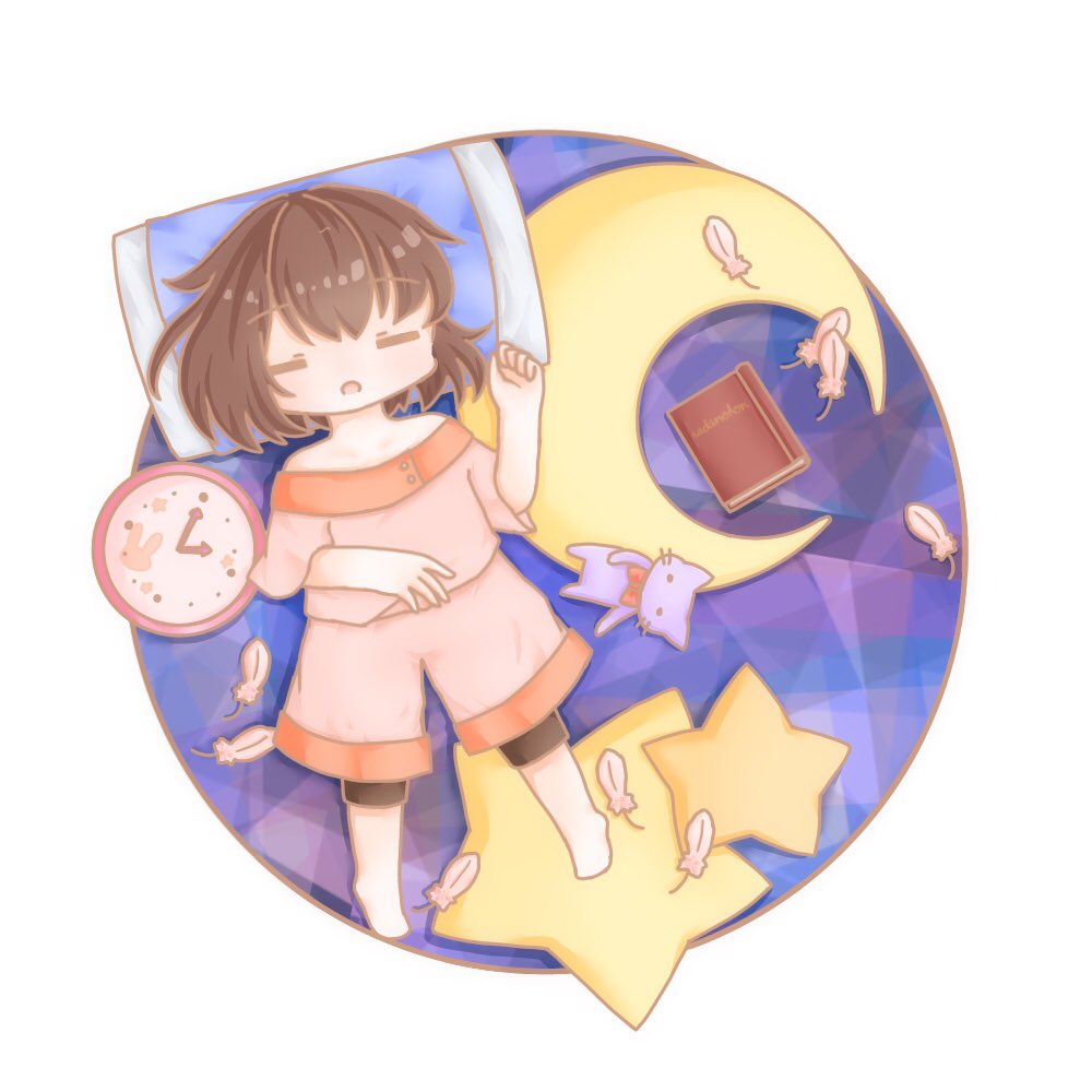 1girl baggy_shorts barefoot book brown_hair clock_pillow coto_mugi feathers moon_pillow outstretched_leg pajamas pillow purple_background short_hair shorts sleeping sleepwear star_pillow stuffed_animal stuffed_cat stuffed_toy touhou usami_renko