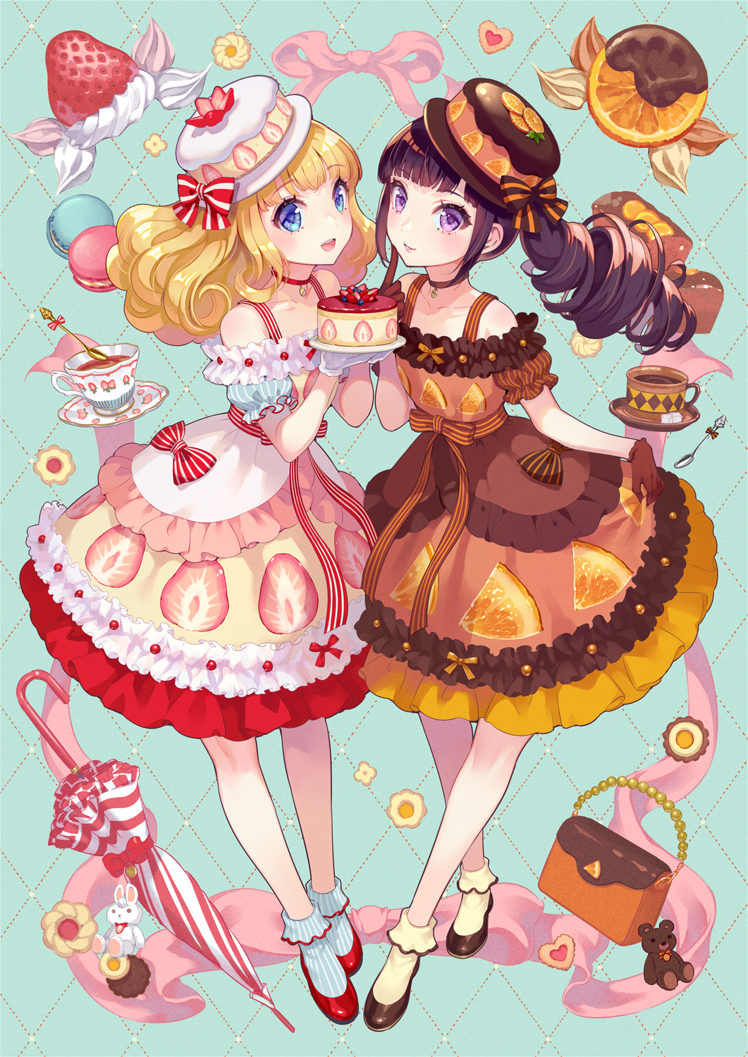 2girls :d bag black_footwear black_hair blonde_hair blue_background blue_eyes brown_dress chocolate closed_mouth closed_umbrella coffee commentary_request cup dress food food-themed_clothes food-themed_hat frilled_dress frills fruit full_body handbag heart heart-shaped_cookie highres holding holding_plate macaron multiple_girls nishimura_eri orange_(fruit) orange_slice original pink_ribbon plate purple_eyes red_footwear ribbon saucer shoes smile socks spoon strawberry strawberry_shortcake striped striped_socks stuffed_animal stuffed_bunny stuffed_toy tea teacup teddy_bear tilted_headwear umbrella vertical-striped_socks vertical_stripes white_dress white_socks