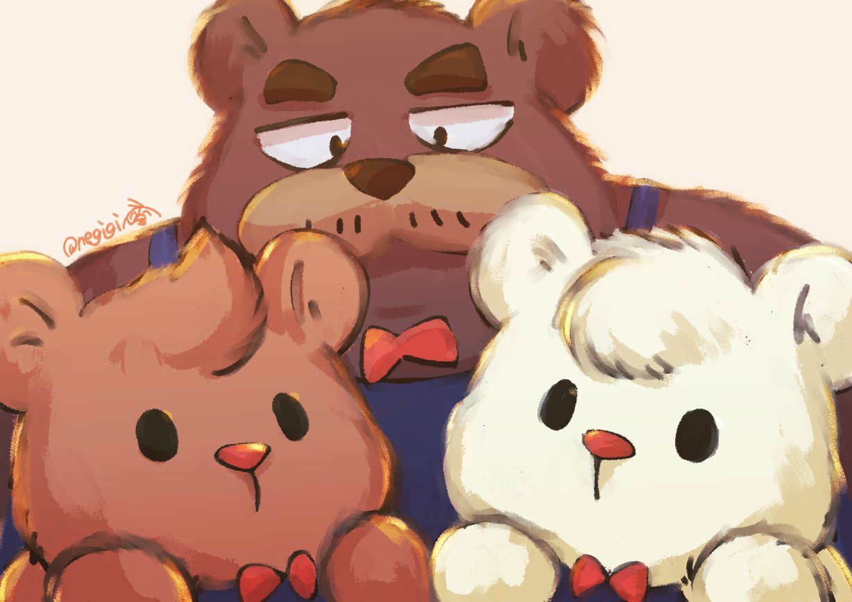 2023 anthro bear biped black_eyes bow_tie brown_body brown_fur clothed clothing dot_eyes drip_(kumalino) fur group kemono kumalino mammal negigi roast_(kumalino) sanrio syrup_(kumalino) white_body white_fur