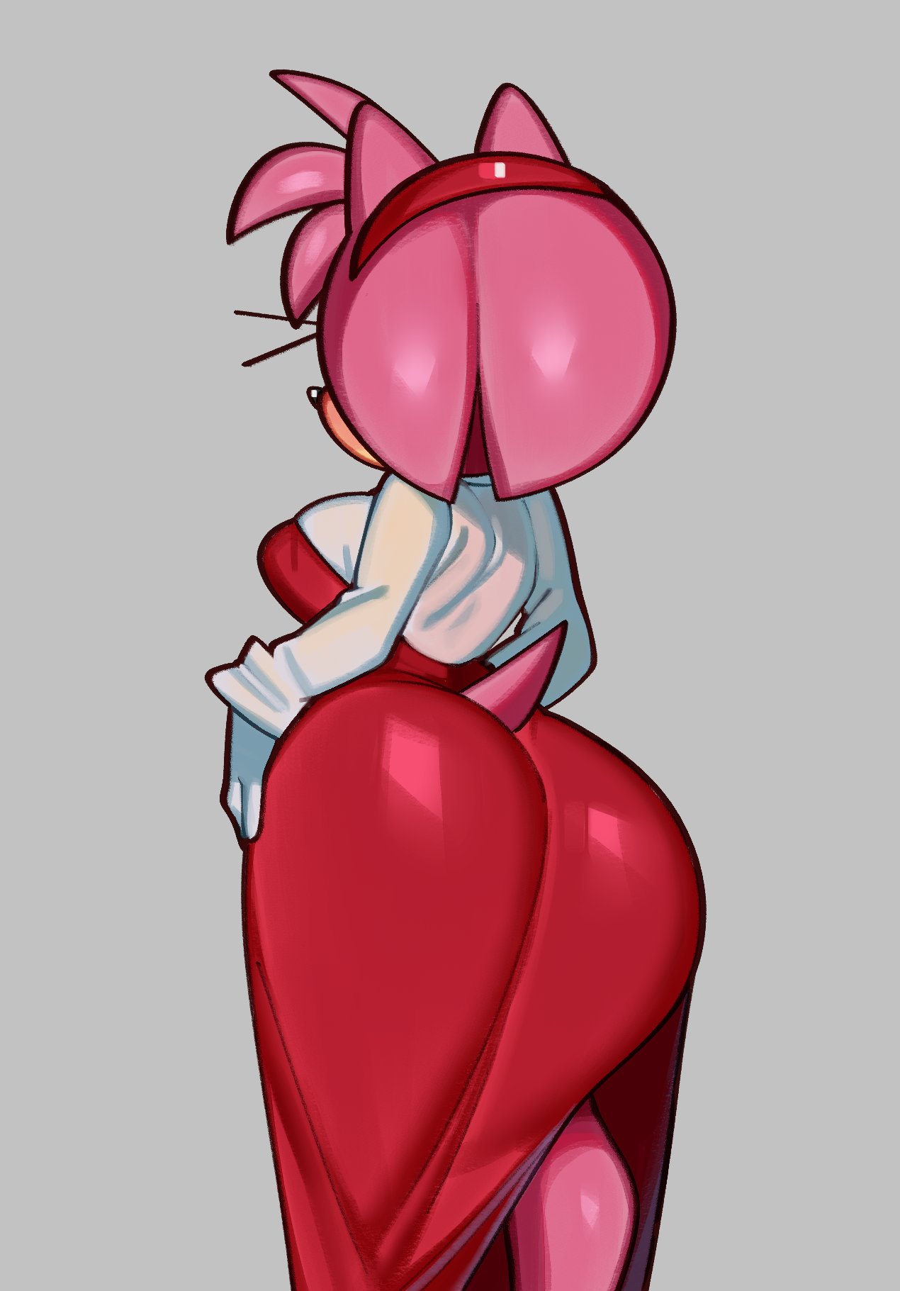 accessory amy_rose anthro big_butt butt clothed clothing dress eulipotyphlan female fiinel fully_clothed fur gloves grey_background hair hair_accessory hairband handwear hedgehog hi_res mammal pink_body pink_fur pink_hair rear_view sega short_tail simple_background solo sonic_the_hedgehog_(series) tail wide_hips