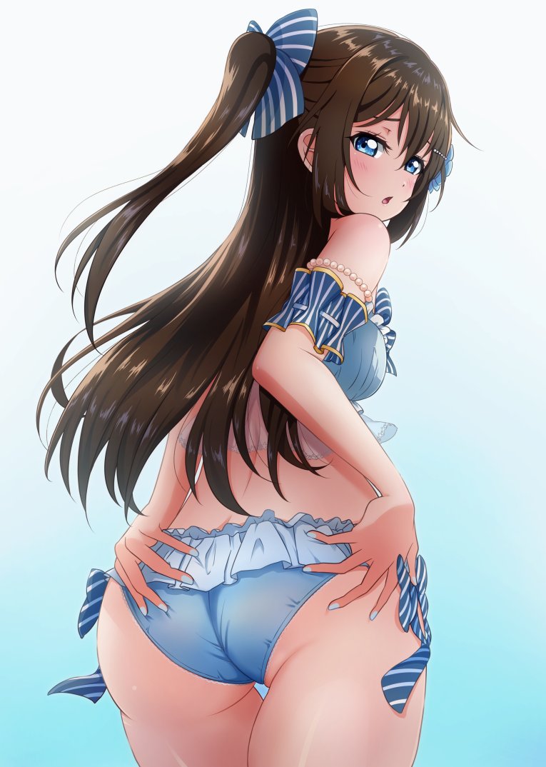 1girl arm_cuffs ass bikini blue_background blue_bikini blue_bow blue_eyes blush bow bow_bikini brown_hair commentary cowboy_shot embarrassed eyebrows_hidden_by_hair frilled_bikini frills from_behind gradient_background hair_bow half-closed_eyes hands_on_own_ass light_blue_background long_hair looking_at_viewer looking_back love_live! love_live!_nijigasaki_high_school_idol_club nail_polish official_alternate_costume one_side_up ousaka_shizuku satolive20 simple_background solo striped striped_bow swimsuit white_nails