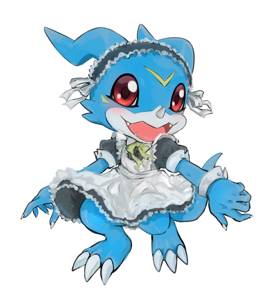 ambiguous_gender anthro apron asin_567 bandai_namco blue_body blush bow_ribbon claws clothing cute_fangs digimon digimon_(species) dress looking_at_viewer maid_apron maid_headdress maid_uniform male open_mouth open_smile red_eyes scalie smile solo uniform veemon