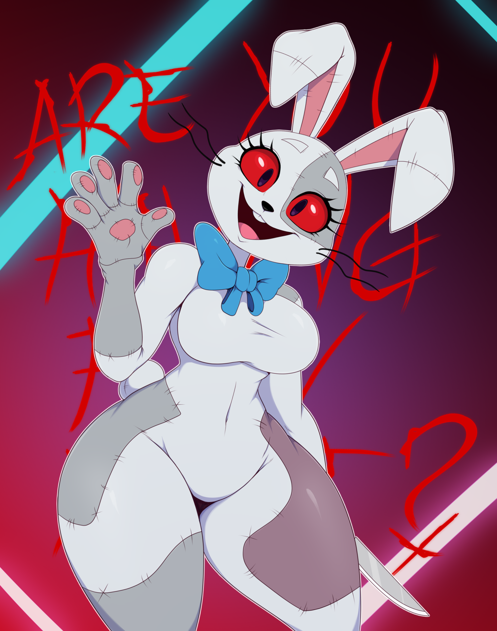 2023 anthro bigdon1992 buckteeth butt clothing collar costume digital_media_(artwork) female five_nights_at_freddy's five_nights_at_freddy's:_security_breach hi_res invader_zim knife lagomorph leporid long_ears mammal nickelodeon nintendo nintendo_switch open_mouth patch_(fabric) patreon rabbit red_eyes scottgames scream_(films) seam_(sewing) short_tail smile solo stitch_(sewing) tail teeth vanny_(fnaf) whiskers white_body