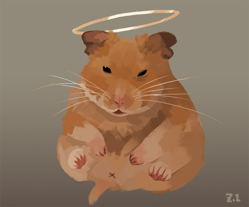 animal_focus commentary_request dated_commentary full_body gradient_background grey_background halo hamster looking_at_viewer no_humans open_mouth original signature whiskers x_anus zi_tsas