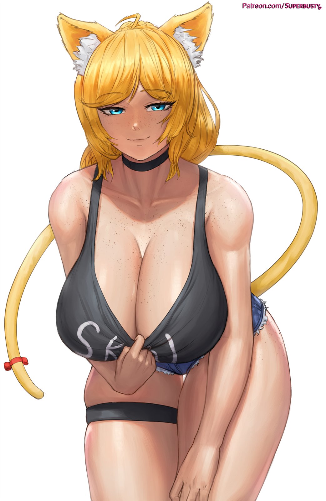 animal_ears animal_humanoid bedroom_eyes big_breasts blonde_hair blue_eyes bottomwear breasts cat_ears_(disambiguation) cat_humanoid cat_tail choker cleavage clothed clothing clothing_pull felid felid_humanoid feline feline_humanoid female freckles freckles_on_arms freckles_on_ass freckles_on_breasts freckles_on_chest freckles_on_face freckles_on_legs freckles_on_thighs hair hi_res hotpants huge_breasts humanoid jewelry leaning leaning_forward light-skinned_female light_body light_skin mammal mammal_humanoid narrowed_eyes necklace seductive shirt shirt_pull shorts skindentation smug smug_face solo superbusty tank_top tank_top_lift teasing teasing_viewer text thick_thighs thor_chan topwear topwear_pull url vrchat