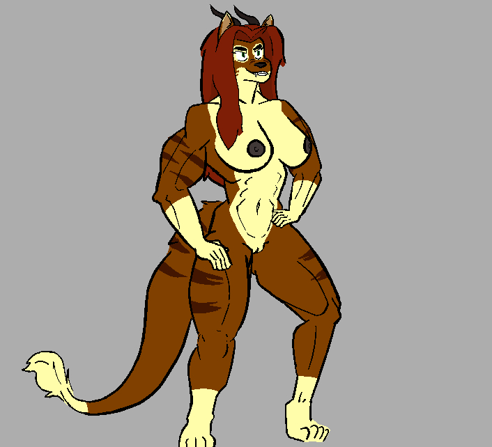 aardwolf anthro asche_(krautdyke) asphalt_(artist) dark_nipples digitigrade fangs female front_view hair hand_on_hip hand_on_leg hand_on_thigh horn hybrid hyena mammal muscular nude red_hair simple_background solo stripes tail tail_tuft teeth thick_tail tuft