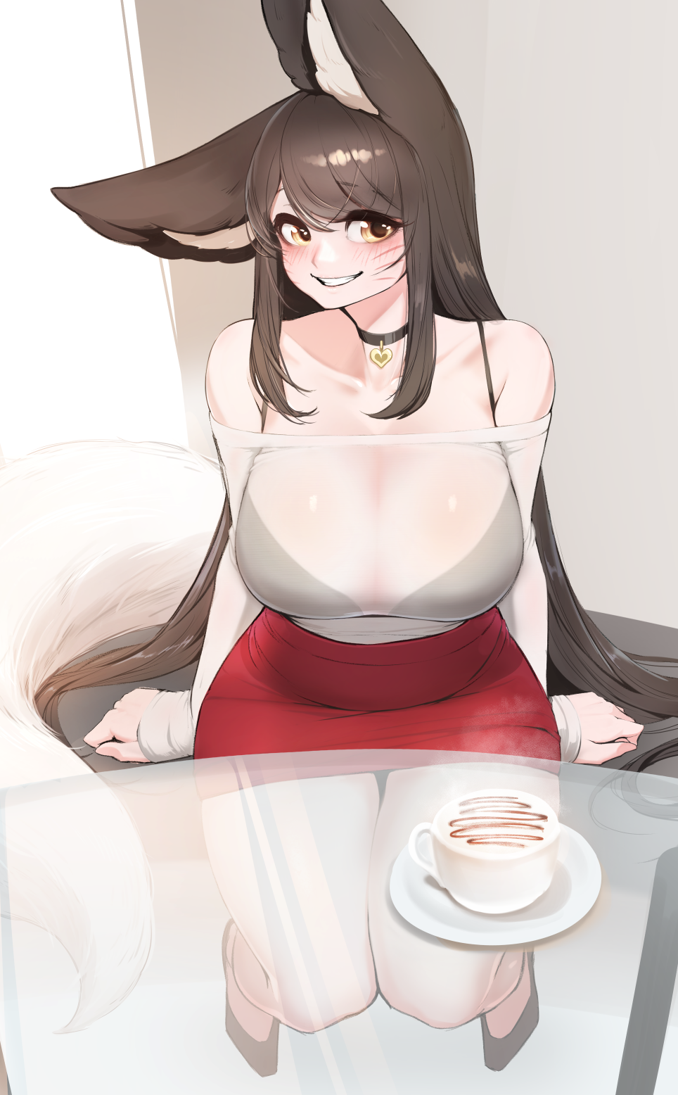 abstract_background ahri_(lol) animal_humanoid bare_shoulders beverage big_breasts big_ears blush bottomwear bra breasts brown_body brown_fur brown_hair canid canid_humanoid canine canine_humanoid choker cleavage clothed clothing container cup eyebrow_through_hair eyebrows eyelashes facial_markings female footwear fox_humanoid fur furniture hair head_markings hi_res high-angle_view huge_breasts humanoid inner_ear_fluff jewelry league_of_legends long_hair looking_at_viewer mammal mammal_humanoid markings miniskirt necklace riot_games shirt sitting skirt smile solo steam table thick_thighs toothy_smile topwear translucent translucent_clothing translucent_hair translucent_shirt translucent_table translucent_topwear tuft underwear white_body white_fur white_skin wide_hips yabby yellow_eyes