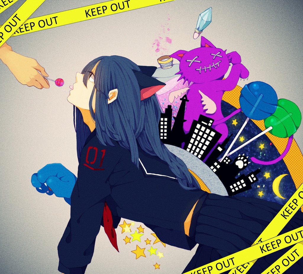 100am 1girl animal_ears animal_hands blue_hair candy cat cat_ears cat_paws caution_tape cityscape claws crescent_moon crystal envy_cat_walk_(vocaloid) food lollipop long_hair moon pleated_skirt purple_cat saliva saliva_trail school_uniform serafuku sexually_suggestive skirt solo_focus star_(sky) star_(symbol) tongue tongue_out vocaloid x_x