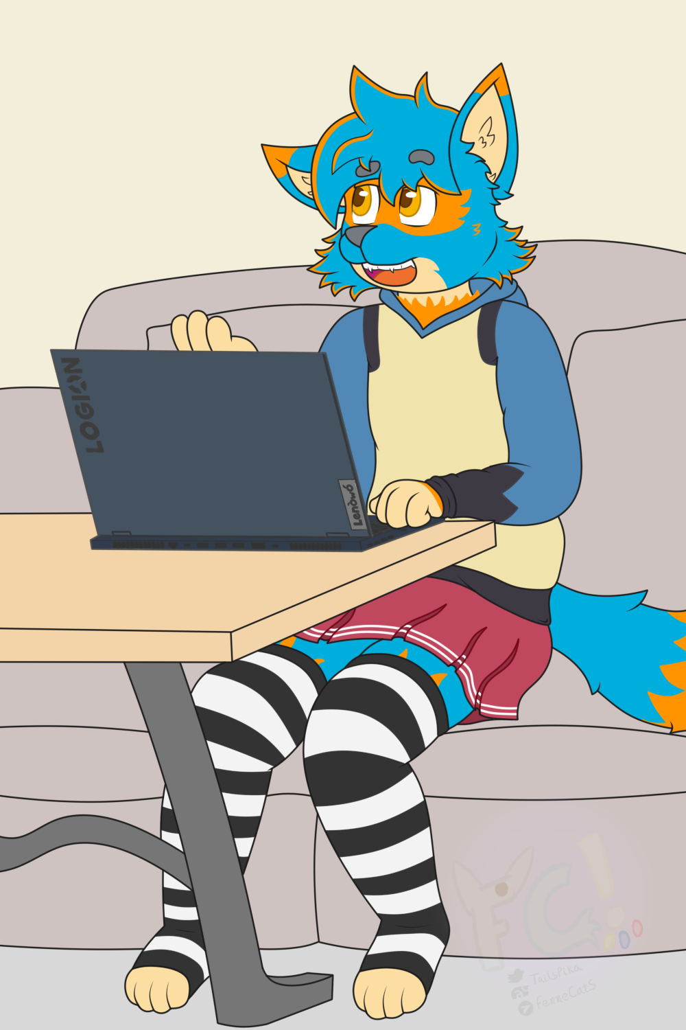 &ograve;w&oacute; blue_body blue_fur bottomwear canid canine canis clothing computer domestic_dog fennecat_(artist) footwear fur furniture generation_4_pokemon girly hi_res hoodie laptop lucario mammal nintendo orange_spots owo pokemon pokemon_(species) skirt socks sofa spots table topwear watermark yellow_eyes