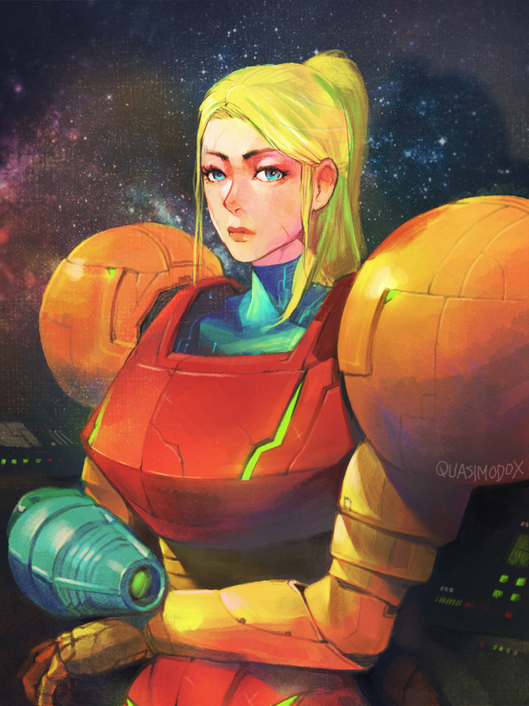 1girl arm_cannon armor bangs blonde_hair blue_eyes commentary english_commentary eyebrow_cut fine_art_parody long_hair metroid mismatched_eyebrows mona_lisa multiple_scars no_headwear parody pauldrons portrait power_armor power_suit_(metroid) quasimodox samus_aran scar scar_on_cheek scar_on_face shoulder_armor solo space swept_bangs varia_suit weapon