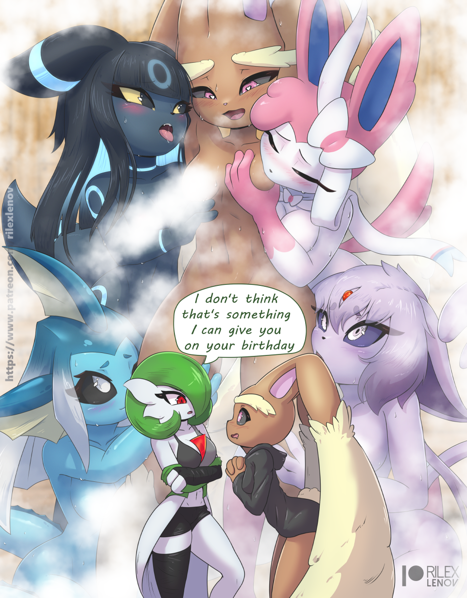 anthro aria_(rilex_lenov) arms_above_head black_body blue_body blush bodily_fluids bottomless breast_play breast_suck breasts censored clothed clothing convenient_censorship dialogue eeveelution english_text espeon female female/female gardevoir generation_1_pokemon generation_2_pokemon generation_3_pokemon generation_4_pokemon generation_6_pokemon group hi_res hoodie hoodie_only lizzy_(rilex_lenov) lopunny midori_(rilex_lenov) mina_(rilex_lenov) nintendo open_mouth pink_body pokemon pokemon_(species) pokemorph purple_eyes red_eyes rilex_lenov speech_bubble steam sucking sweat sylveon tamaki_(rilex_lenov) text tongue tongue_out topwear topwear_only umbreon vaporeon white_body yellow_body yellow_eyes