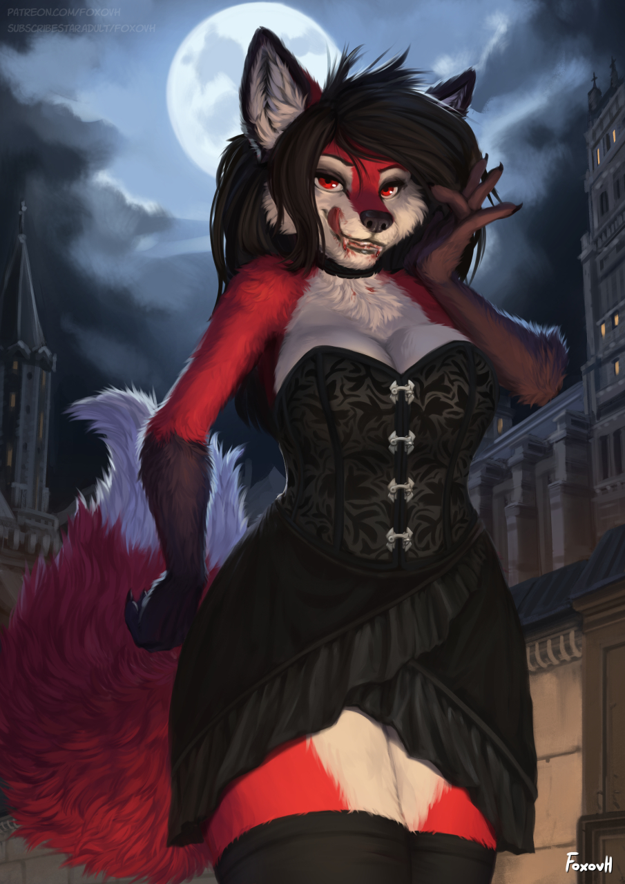 2021 anthro artist_name biped black_clothing black_dress black_hair black_legwear black_thigh_highs blood blood_on_mouth bodily_fluids breasts building canid canine carmine_(foxovh) cleavage clothed clothing cloud countershade_face countershade_fur countershade_legs countershade_thighs countershade_torso countershading digital_media_(artwork) digital_painting_(artwork) dress female fox foxovh fur hair hand_on_face hi_res inner_ear_fluff legwear licking licking_lips looking_at_viewer mammal moon outside red_body red_eyes red_fur shaded solo standing text thigh_highs tongue tongue_out tuft url white_body white_countershading white_inner_ear_fluff white_tail_tip