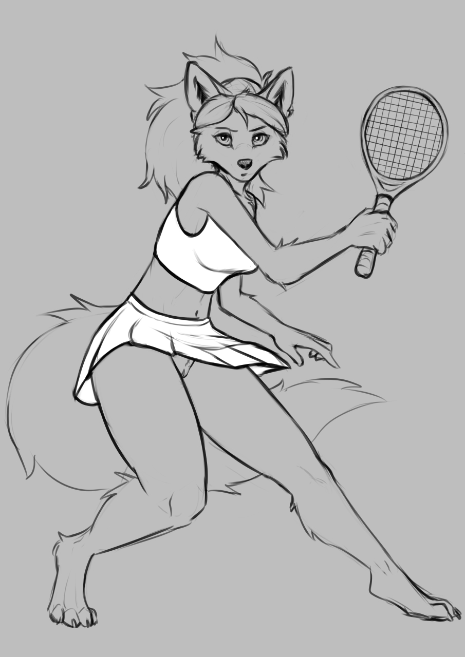 2022 action_pose anthro barefoot biped bottomwear canid canine claws clothed clothing digital_media_(artwork) eyebrows feet female foxovh full-length_portrait fur genitals greyscale hair hi_res hindpaw holding_tennis_racket looking_at_viewer mammal monochrome navel no_underwear paws pleated_skirt ponytail portrait pose pussy sketch skirt solo standing tail tennis_racket toe_claws topwear upskirt
