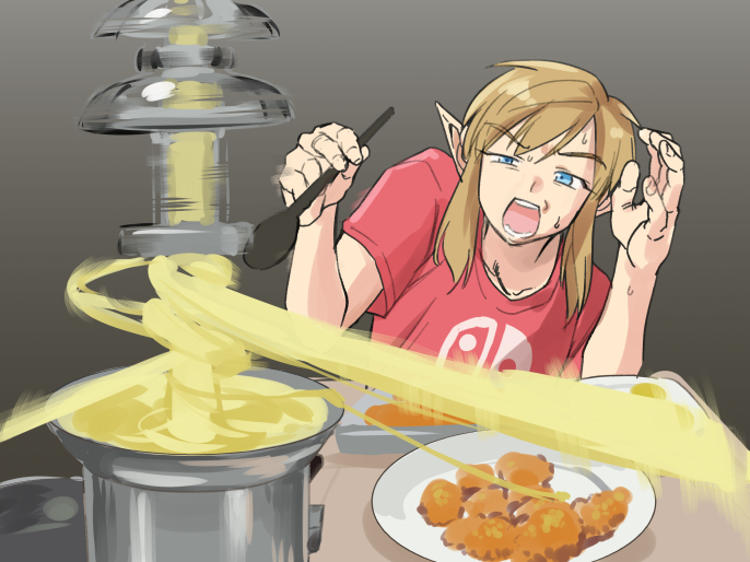 1boy :o bangs blonde_hair cheese fondue_au_fromage food gradient_background hands_up holding holding_spoon link male_focus meme monbetsu_kuniharu nintendo_switch open_mouth plate red_shirt shirt short_sleeves solo spoon sweat tagme teeth the_legend_of_zelda the_legend_of_zelda:_breath_of_the_wild