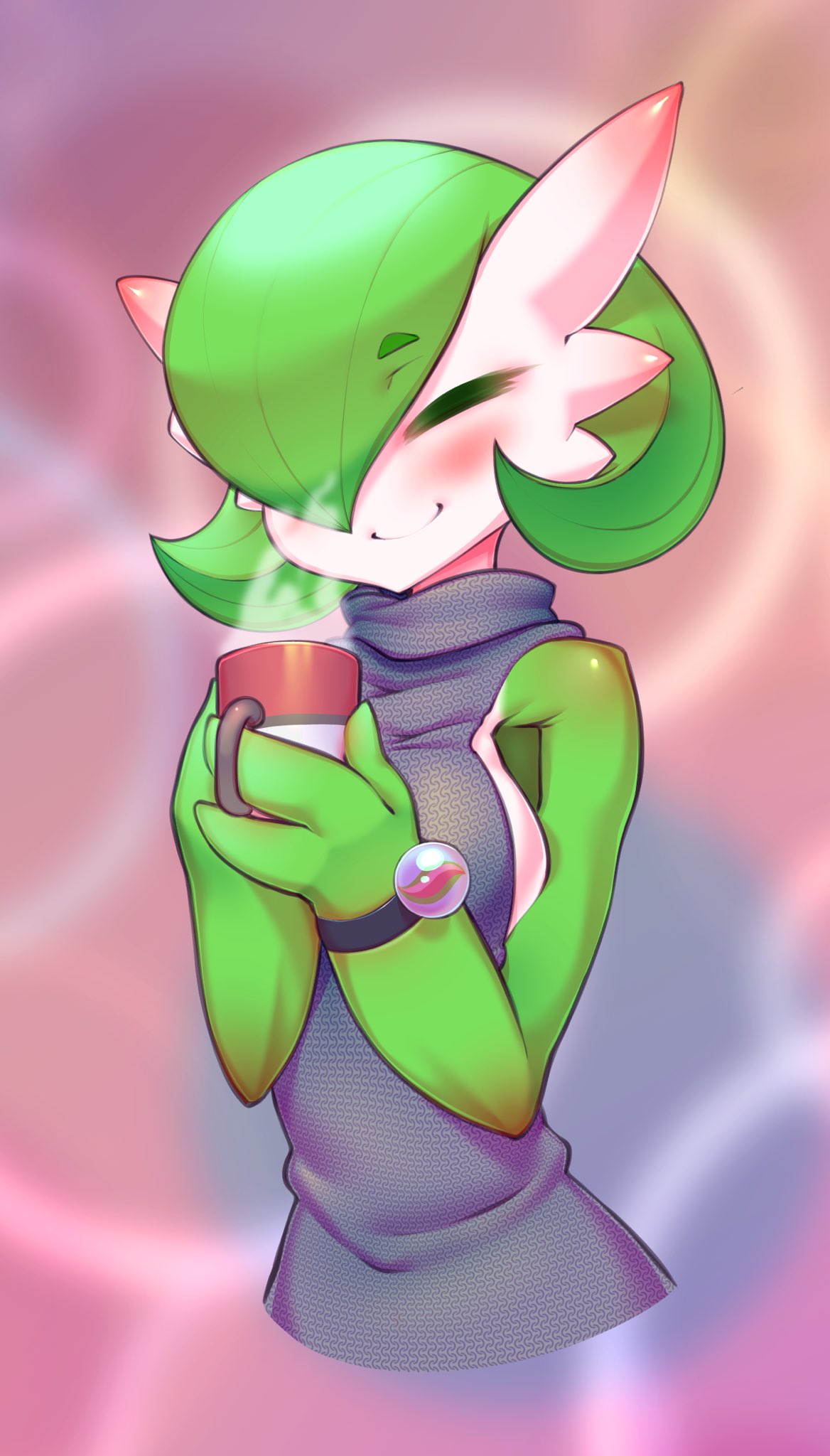 2021 beverage breasts clothing container cup eyes_closed female gardevoir generation_3_pokemon green_body green_skin hi_res hitmanatee holding_container holding_cup holding_object humanoid mega_stone multicolored_body multicolored_skin nintendo not_furry pokemon pokemon_(species) smile solo two_tone_body two_tone_skin white_body white_skin