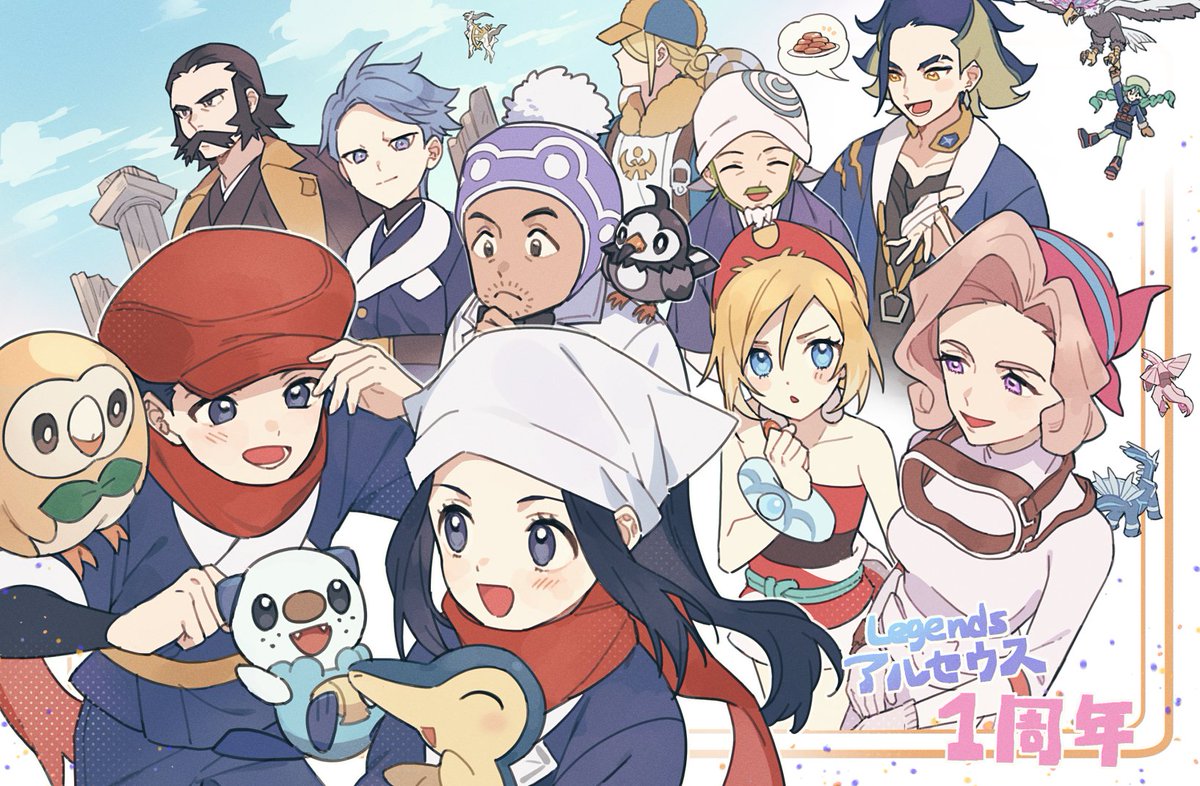 4girls 6+boys :d adaman_(pokemon) akari_(pokemon) arceus bandana bangs belt belt_buckle beni_(pokemon) bird black_hair blonde_hair blue_coat blush bracelet buckle coat collar commentary_request cyllene_(pokemon) cyndaquil dialga eyelashes facial_hair green_hair grey_eyes hairband hat head_scarf hisuian_braviary jacket jewelry jumpsuit kamado_(pokemon) laventon_(pokemon) long_hair lower_teeth_only multiple_boys multiple_girls mustache open_mouth oshawott palina_(pokemon) palkia pankona_(ubsssss) pillar pokemon pokemon_(creature) pokemon_(game) pokemon_legends:_arceus ponytail purple_eyes red_hairband red_headwear red_scarf rei_(pokemon) rowlet sabi_(pokemon) scarf shirt short_hair sidelocks smile spoken_food starly strapless strapless_shirt teeth twintails volo_(pokemon) white_headwear