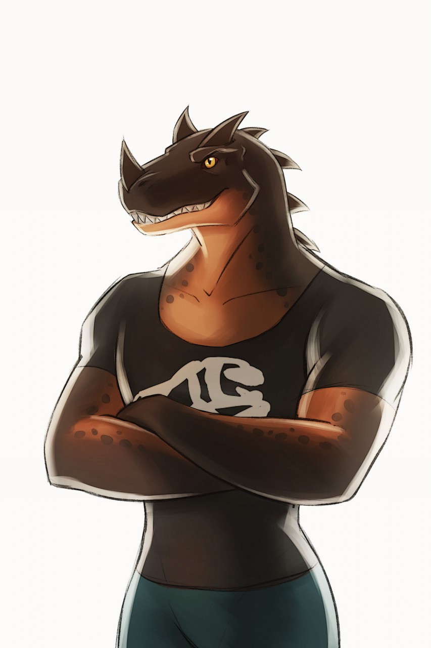 anthro ceratosaurid ceratosaurus ck0t clothed clothing crossed_arms dinosaur grim_(grimsaurus) hi_res looking_offscreen male muscular reptile scalie simple_background smile solo spikes spikes_(anatomy) theropod white_background