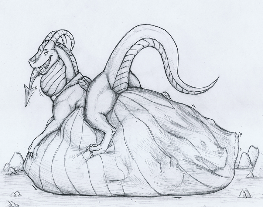 belly big_belly collar devos_(iconmaster) dragon dragon_pred dragon_prey duo feral horn looking_back male male_pred neck_bulge raised_tail same_size_vore spade_tail swallowing tail thatgryphonguy traditional_media_(artwork) unwilling_prey vore wingless_dragon