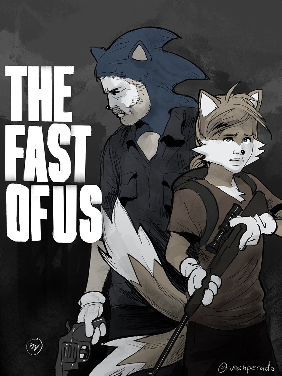 1boy 1girl animal_ears animal_nose arm_at_side artist_name backpack bag bangs beard black_shirt blonde_hair blue_eyes blue_fur blue_hair body_fur breast_pocket brown_shirt closed_eyes closed_mouth collared_shirt copyright_name cover derivative_work ellie_(the_last_of_us) english_text facial_hair flat_chest furry furry_female furry_male fusion grey_background gun handgun highres holding holding_gun holding_weapon joel_(the_last_of_us) looking_up medium_hair mustache muted_color pocket ponytail pun revolver rifle scope shirt short_sleeves signature simple_background sketch sonic_(series) sonic_the_hedgehog spiked_hair swept_bangs tails_(sonic) the_last_of_us trigger_discipline twitter_username two-handed two-tone_fur vashperado video_game_cover weapon white_fur yellow_fur