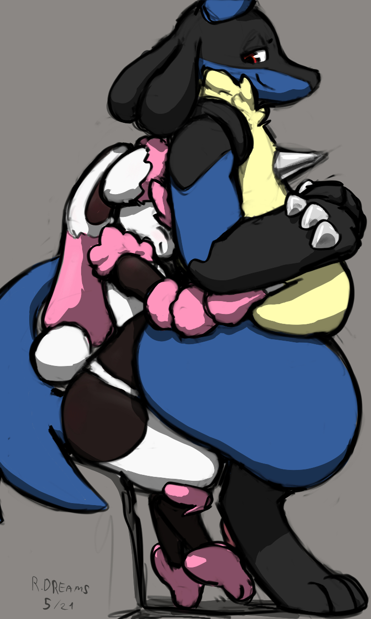 2021 arms_around_waist belly big_belly blue_body blue_fur canid digital_drawing_(artwork) digital_media_(artwork) duo embrace eyes_closed fur generation_4_pokemon grey_background hands_on_stomach hands_on_waist hi_res hug lagomorph leporid looking_at_another lucario mammal narrowed_eyes nintendo on_lap pokemon pokemon_(species) rabbit raster_dreams signature simple_background sitting_on_another sitting_on_lap size_difference smile tail tail_around_partner thick_thighs white_body white_fur