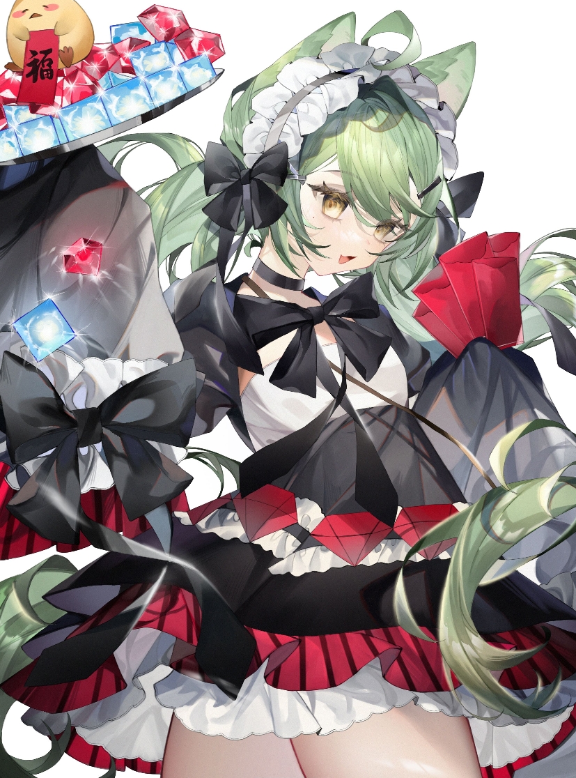 1girl ahoge akashi_(azur_lane) akashi_(the_black_cat_cometh!)_(azur_lane) animal_ears azur_lane black_bow black_choker bow cat_ears cat_girl choker cocktail_dress cube dress frilled_hairband frilled_skirt frills gem green_hair hairband hand_up holding holding_tray hongbao long_hair manjuu_(azur_lane) mental_cube_(azur_lane) official_alternate_costume red_gemstone skirt sleeves_past_fingers sleeves_past_wrists tapioga2 tray very_long_hair yellow_eyes