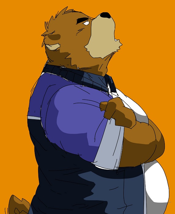 2015 anthro bear black_bear black_nose blue_clothing blue_jacket blue_topwear brown_body brown_fur cel_shading clothing colored countershade_snout countershading crossed_arms fur half-length_portrait jacket juuichi_mikazuki kotobuki529 looking_up male mammal moon_bear morenatsu musclegut orange_background overweight overweight_anthro overweight_male portrait shaded shirt side_view simple_background snout solo tan_body tan_fur topwear ursine white_clothing white_shirt white_topwear