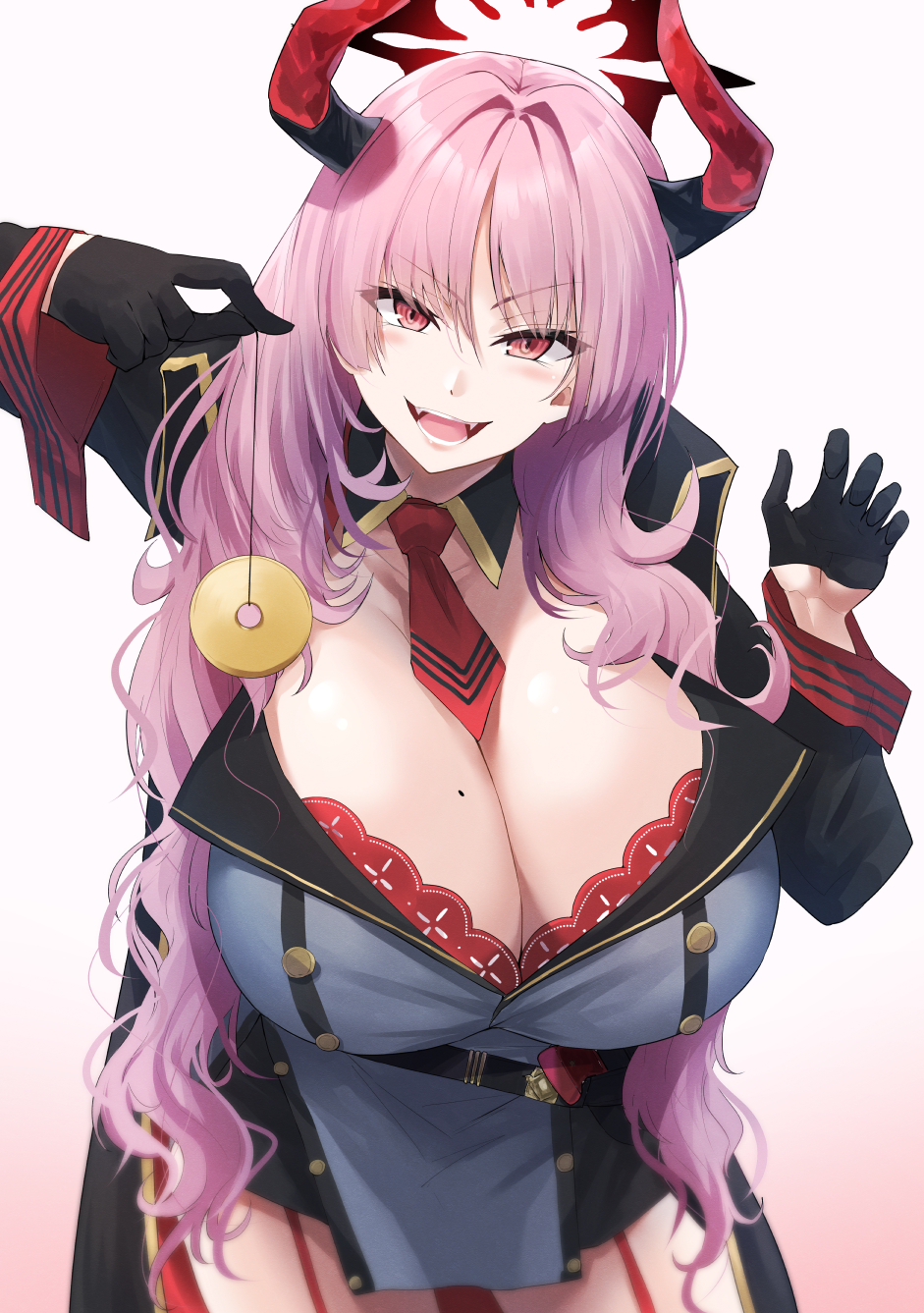 1girl bangs black_gloves black_jacket blue_archive blush bra bra_peek breasts cleavage coin eyeliner gloves half_gloves halo highres holed_coin horns huge_breasts hypnosis ibara_azuki jacket lace-trimmed_bra lace_trim long_hair makeup mind_control mole mole_on_breast necktie open_mouth parted_bangs partially_unbuttoned pendulum pink_eyes red_eyes satsuki_(blue_archive) smile solo underwear