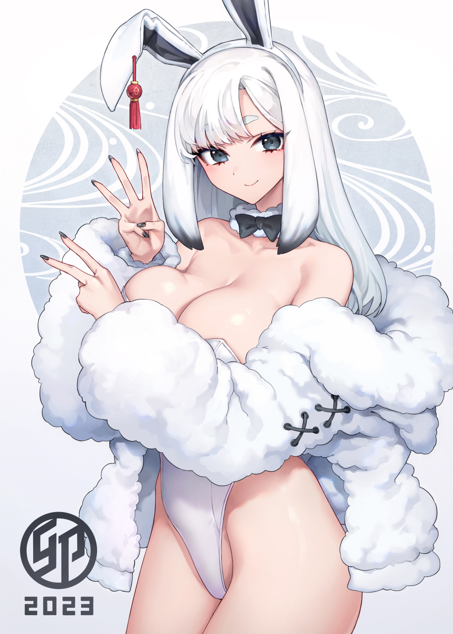 1girl animal_ears bare_shoulders blush breasts chinese_zodiac cleavage collarbone detached_collar fake_animal_ears fur_jacket grey_eyes highleg highleg_leotard highres jacket large_breasts leotard long_hair long_sleeves looking_at_viewer off_shoulder oopartz_yang original playboy_bunny rabbit_ears smile solo thighs white_hair white_leotard year_of_the_rabbit