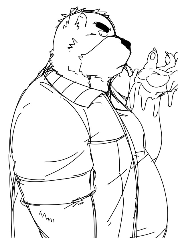 2015 anthro bear belly black_and_white black_bear claws clothing hand_lick jacket juuichi_mikazuki kotobuki529 licking male mammal monochrome moon_bear morenatsu overweight overweight_anthro overweight_male shirt solo tongue tongue_out topwear ursine