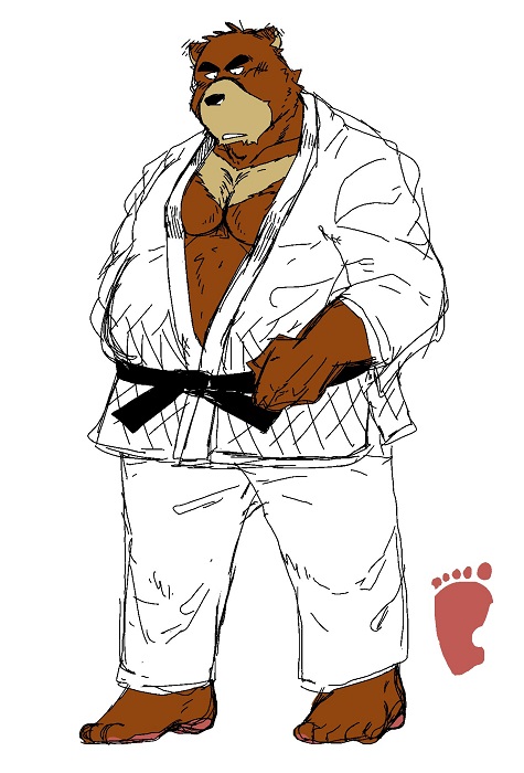 2015 5_toes anthro barefoot bear black_bear black_belt brown_body brown_fur chest_markings colored countershade_snout countershading feet footprint front_view full-length_portrait fur juuichi_mikazuki keikogi kotobuki529 male mammal markings martial_arts_uniform moon_bear morenatsu multicolored_body multicolored_fur musclegut overweight overweight_anthro overweight_male portrait simple_background snout solo sportswear tan_body tan_fur toes two_tone_body two_tone_fur ursine white_background