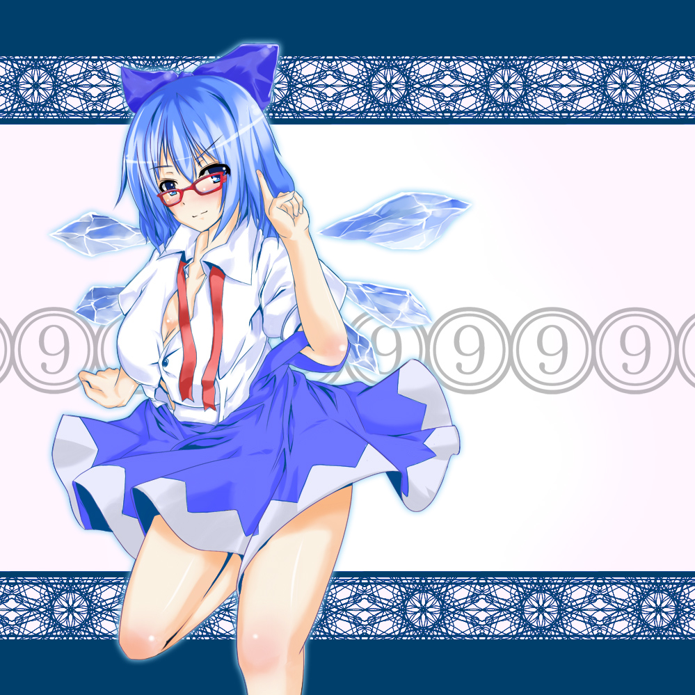 1girl bespectacled blue_eyes blue_hair blush bow breasts cirno cleavage cube_(circussion) glasses hair_bow ice large_breasts older short_hair skirt touhou wings