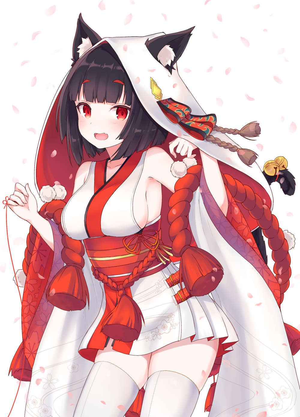 1girl animal_ears azur_lane bangs bell black_hair blunt_bangs breasts cat_ears cat_tail cherry_blossoms detached_sleeves eyebrows_visible_through_hair fang highres hood isao_(wasamoti) japanese_clothes jingle_bell kimono large_breasts open_mouth petals red short_hair sideboob skindentation sleeveless solo string string_around_finger tail tail_bell thighhighs uchikake white_legwear yamashiro_(azur_lane)