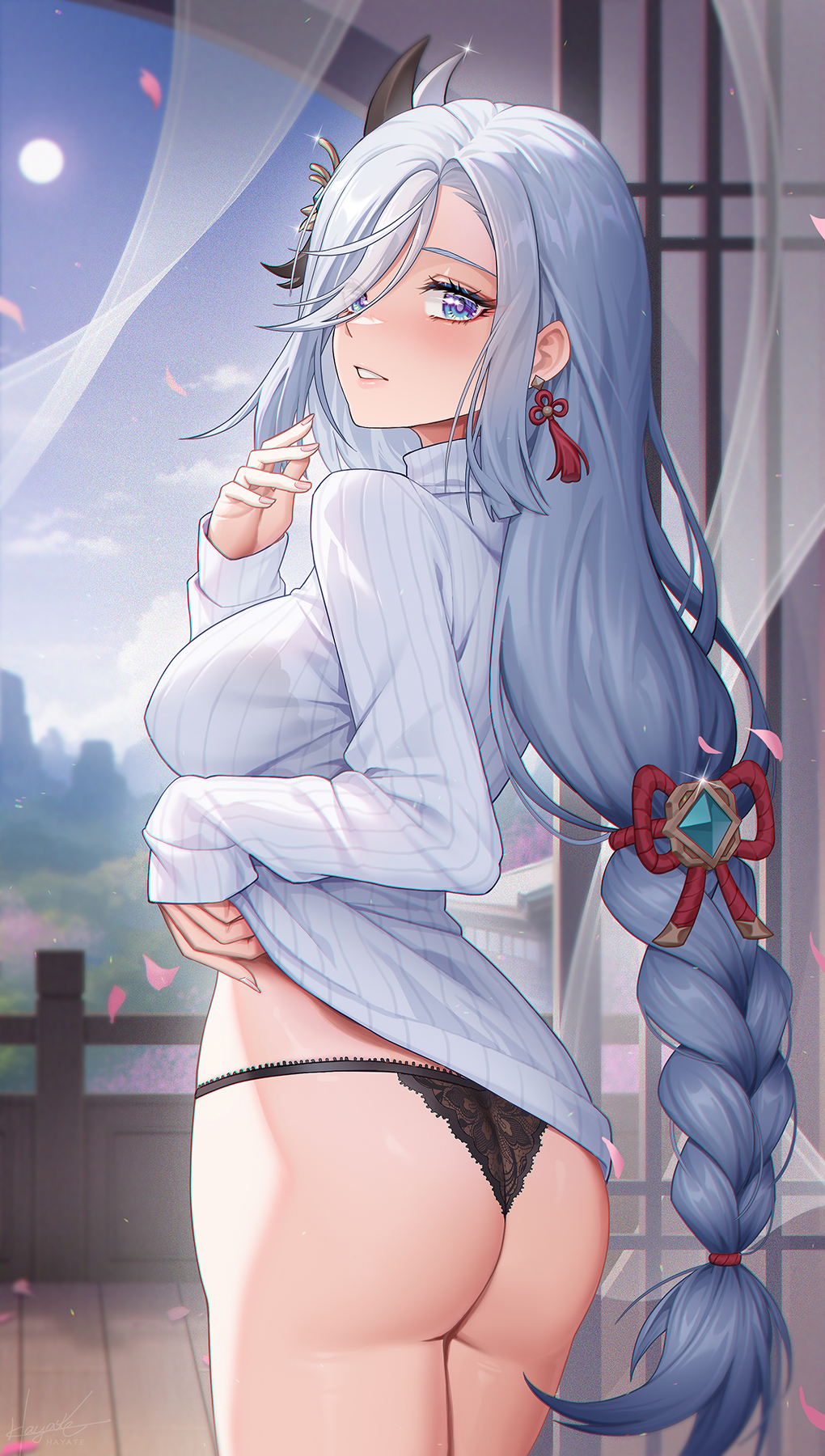 1girl ass bangs black_panties blue_eyes blush braid braided_ponytail breasts from_behind full_moon genshin_impact grey_hair hair_ornament highres large_breasts leaf98k long_hair long_sleeves looking_at_viewer looking_back moon panties parted_lips shenhe_(genshin_impact) smile solo sweater torn_clothes underwear white_sweater