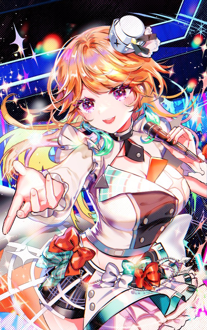 1girl :d black_necktie bow breasts cleavage dress earrings feather_earrings feathers fingernails hat holding holding_microphone hololive hololive_english idol jewelry long_hair looking_at_viewer microphone mini_hat necktie orange_hair outstretched_arm pink_eyes red_bow short_necktie smile solo sowon sparkle takanashi_kiara teeth upper_teeth_only