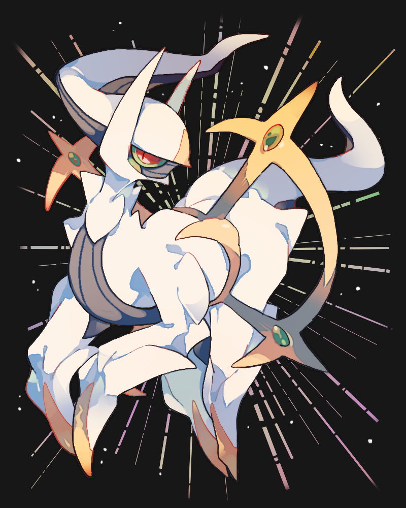 akadako arceus black_background colored_sclera commentary_request full_body gem green_gemstone green_sclera horns looking_at_viewer no_humans pokemon pokemon_(creature) red_eyes solo