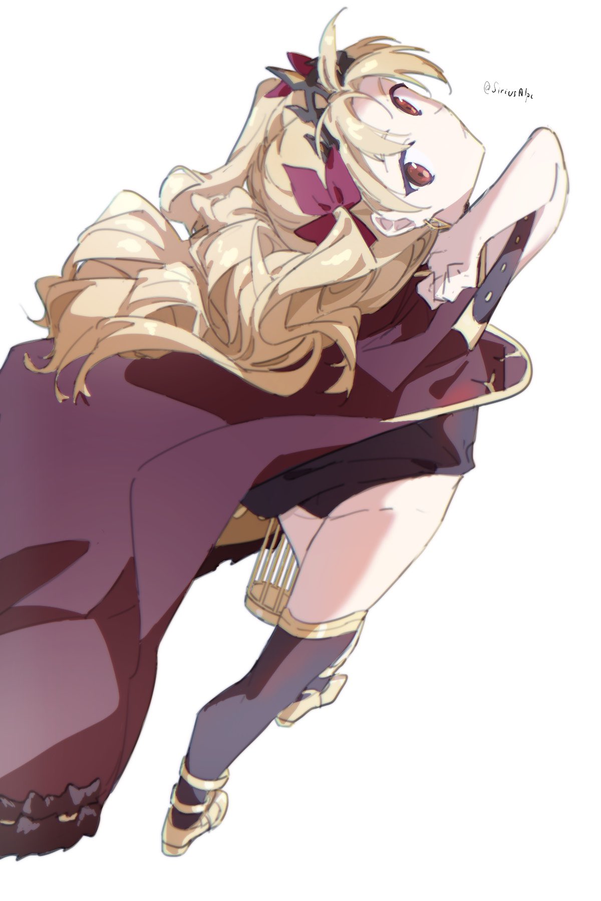 1girl ass bangs black_leotard black_thighhighs blonde_hair cage cape closed_mouth commentary ereshkigal_(fate) fate/grand_order fate_(series) floating_hair from_behind hair_ribbon highres holding holding_cage leotard long_hair looking_at_viewer looking_back parted_bangs red_cape red_eyes red_ribbon ribbon simple_background solo soshin_(siriusalpc) thighhighs tiara twitter_username two_side_up white_background