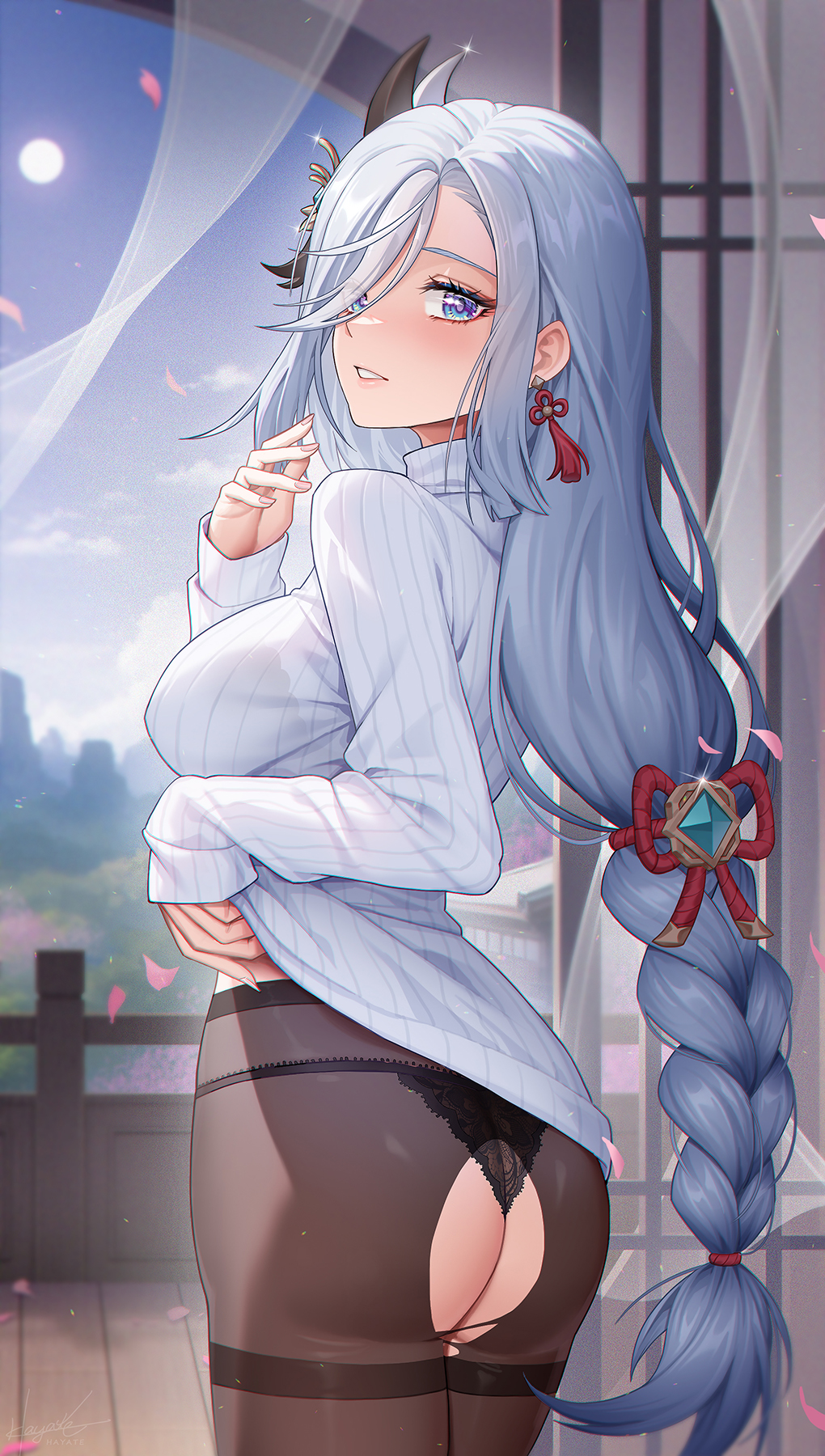 1girl ass bangs black_panties blue_eyes blush braid braided_ponytail breasts brown_pantyhose from_behind full_moon genshin_impact grey_hair hair_ornament highres large_breasts leaf98k long_hair long_sleeves looking_at_viewer looking_back moon panties pantyhose parted_lips shenhe_(genshin_impact) smile solo sweater thighband_pantyhose torn_clothes torn_pantyhose underwear white_sweater