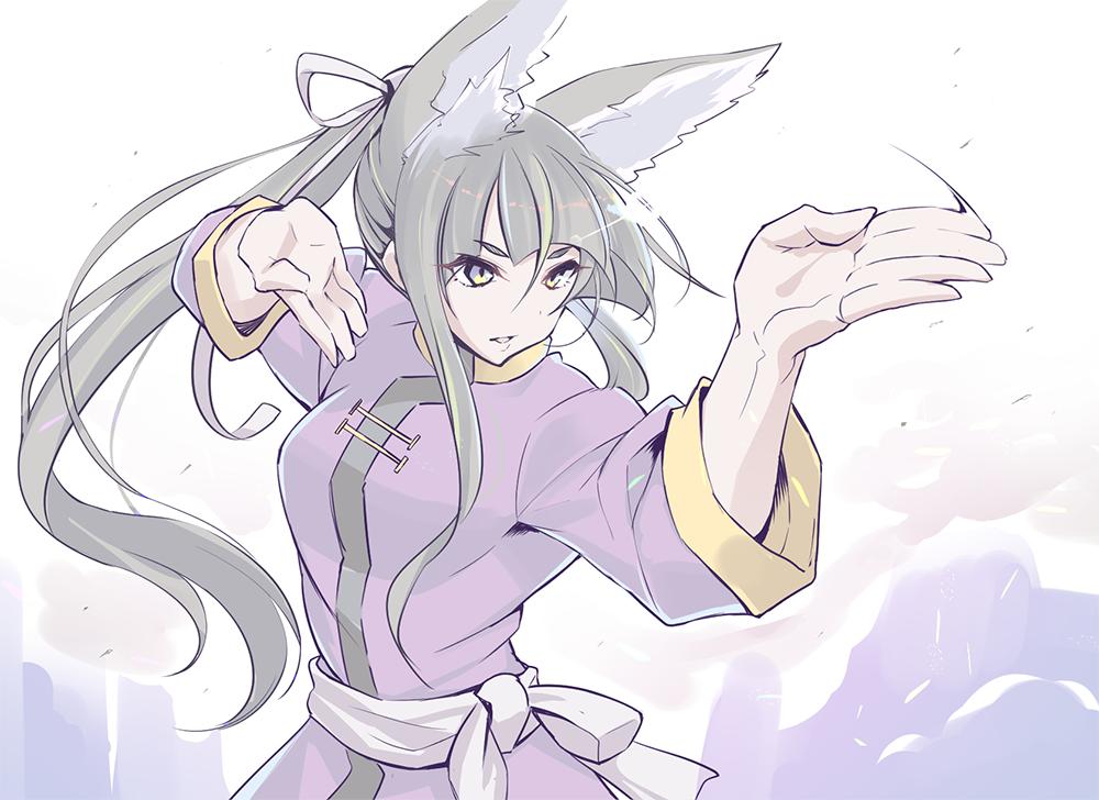 1girl animal_ears black_hair chinese_clothes chop dress fighting_stance fox_ears fox_girl kitsunegasaki_tametsugu_(tenka_hyakken) kurukuru_(p!) long_hair looking_away parted_lips ponytail purple_dress sash serious sidelocks standing tenka_hyakken white_sash yellow_eyes