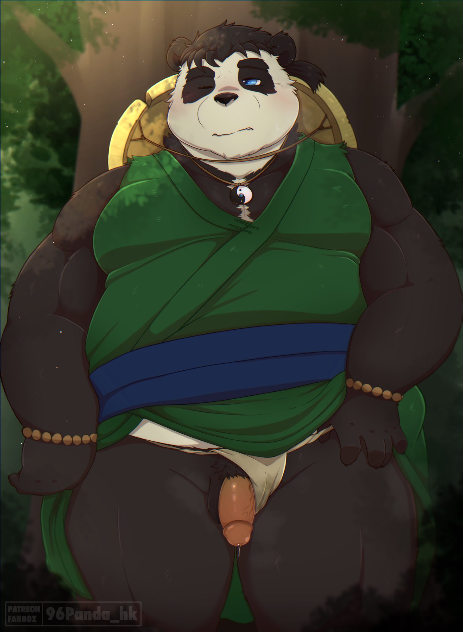 2023 96panda anthro asian_clothing bear black_body black_nose blue_eyes blush bodily_fluids clothed clothing clothing_aside detailed_background east_asian_clothing fundoshi fundoshi_aside genital_fluids genitals giant_panda hi_res humanoid_hands japanese_clothing kemono male mammal musk one_eye_closed outside overweight overweight_male penis plant precum solo tree underwear underwear_aside white_body white_clothing white_fundoshi white_underwear