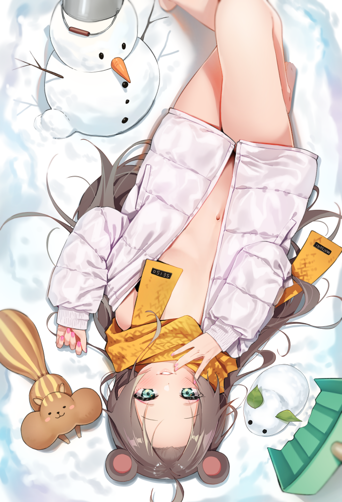 1girl agnamore animal animal_ears bangs barefoot bottomless brown_hair commentary_request feet_out_of_frame forehead green_eyes hololive jacket long_hair lying naked_jacket natsuiro_matsuri navel off_shoulder on_back on_ground open_clothes open_jacket parted_bangs scarf snow snow_bunny snowman solo squirrel very_long_hair virtual_youtuber white_jacket yellow_scarf