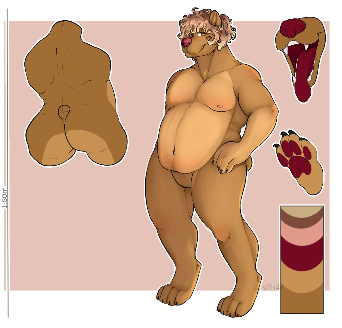 anthro bear brown_bear brown_body brown_fur brown_hair chubby_male claws color_swatch fangs fur hair hand_on_hip looking_at_viewer male mammal miphassl model_sheet multicolored_body multicolored_fur multicolored_hair pawpads red_nose red_pawpads red_tongue simple_background sleepy_cinnamon_roll small_tail smile solo standing tail teeth tongue tongue_out two_tone_body two_tone_fur two_tone_hair ursine