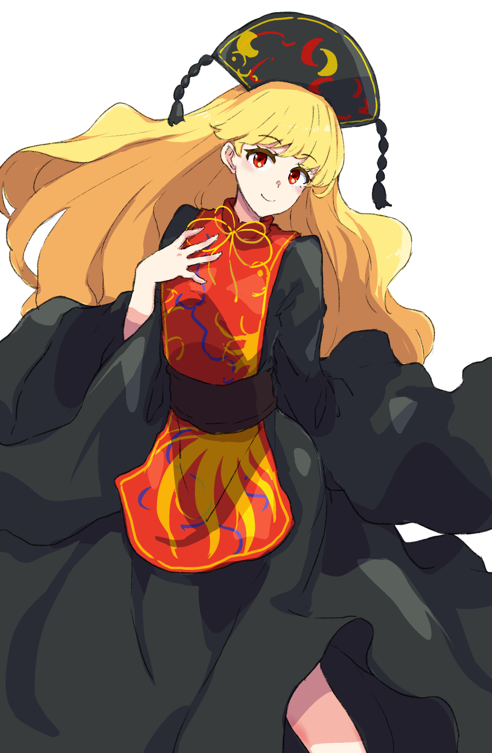 1girl bangs belt black_dress black_headwear blonde_hair blush bow bowtie breasts brown_belt chinese_clothes closed_mouth commentary_request crescent crescent_print dress hand_on_own_chest hand_up hat highres jack_(wkm74959) junko_(touhou) long_hair long_sleeves looking_away mandarin_collar medium_breasts one-hour_drawing_challenge phoenix_crown pom_pom_(clothes) red_eyes red_tabard simple_background smile solo standing tabard tassel touhou wavy_hair white_background wide_sleeves yellow_bow yellow_bowtie