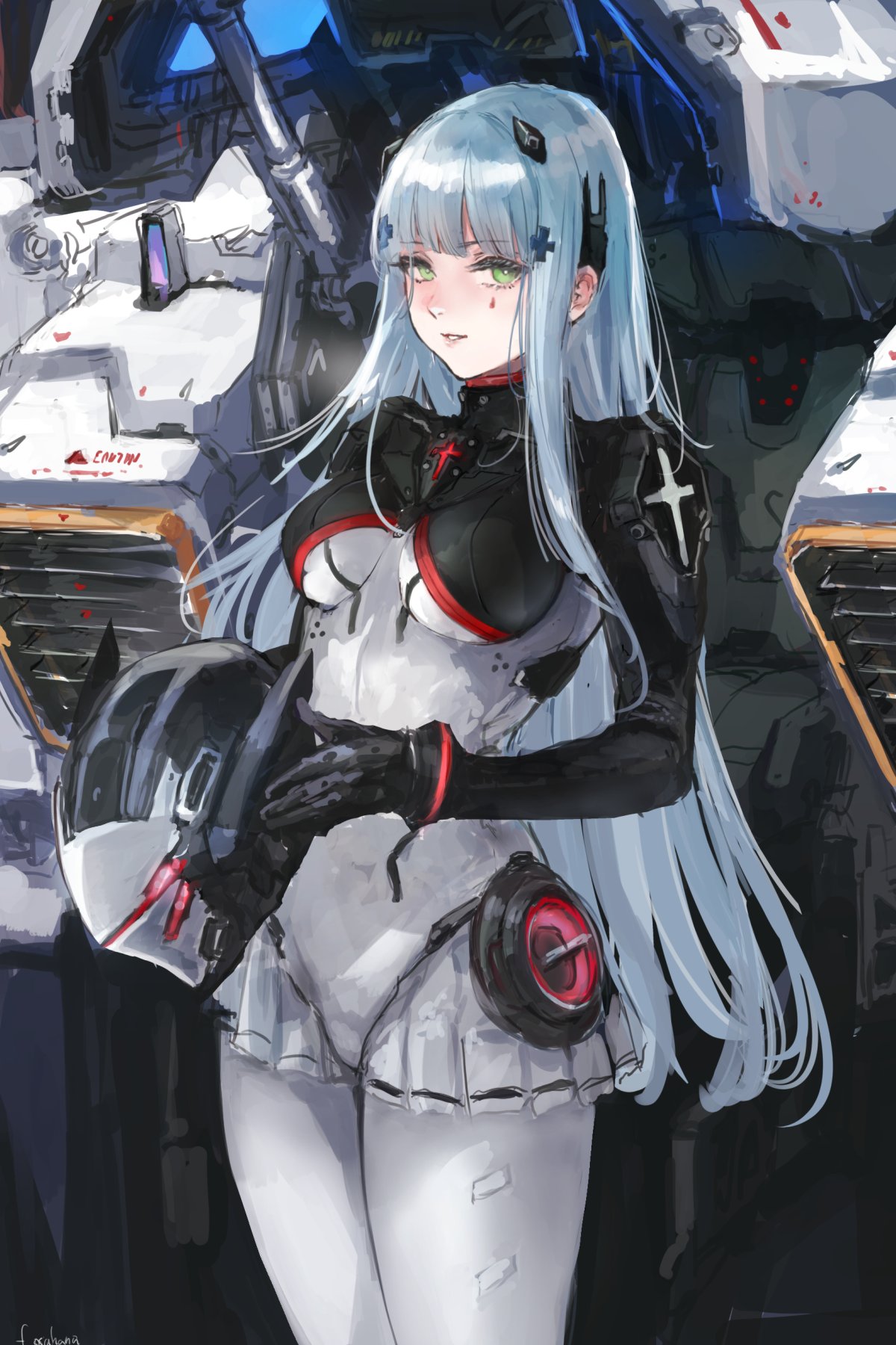 1girl 416_day bangs blue_hair bodysuit breasts cowboy_shot girls'_frontline green_eyes hair_ornament headwear_removed helmet helmet_removed highres hk416_(girls'_frontline) hk416_(midnight_evangelion)_(girls'_frontline) holding holding_helmet large_breasts long_hair looking_at_viewer mecha multicolored_bodysuit multicolored_clothes official_alternate_costume osakana_(denpa_yun'yun) pilot_suit robot smile solo standing teardrop_facial_mark very_long_hair white_bodysuit