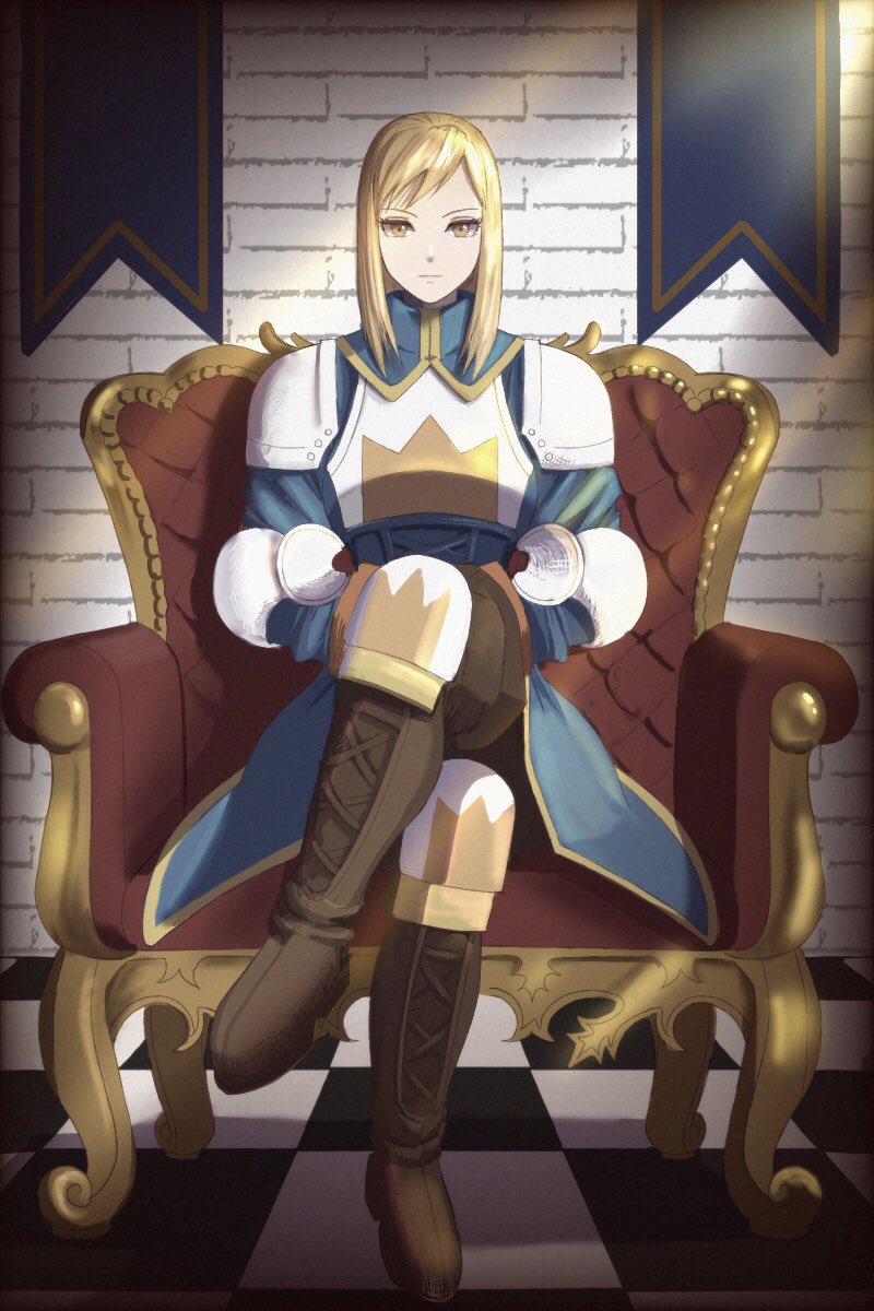 1girl agrias_oaks armor blonde_hair boots chair checkered_floor crossed_legs final_fantasy final_fantasy_tactics highres looking_at_viewer seat solo soosupaan yellow_eyes