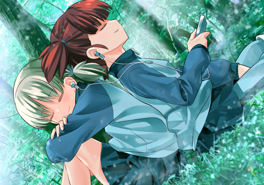 2girls aki_(girls_und_panzer) back-to-back bangs blue_pants blunt_bangs closed_eyes closed_mouth commentary_request dappled_sunlight day digital_media_player dutch_angle earphones foreshortening girls_und_panzer grass hair_tie hugging_own_legs inou_takashi keizoku_military_uniform light_brown_hair light_smile low_twintails mikko_(girls_und_panzer) multiple_girls outdoors pants pants_under_skirt red_hair shared_earphones short_hair short_twintails sitting smile sunlight track_pants twintails