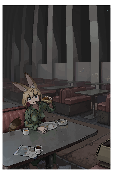 1girl alternate_costume animal_ear_fluff animal_ears arm_on_table blonde_hair blue_eyes border bowl box breasts cardboard_box collared_shirt commentary_request cup diner dirty dithering extra_ears food food_on_face green_shirt holding holding_food i_love_serval indoors jaggy_lines kemono_friends long_sleeves looking_at_viewer medium_breasts mug oekaki open_mouth plate restaurant seat serval_(kemono_friends) shirt short_hair sitting smile solo striped_tail table tail white_border